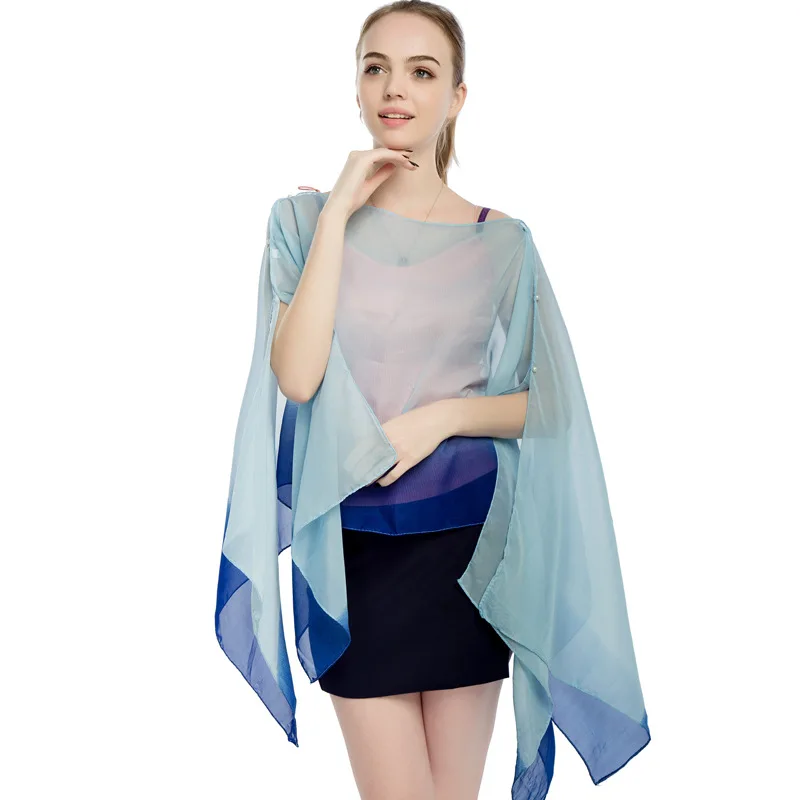 

2022 Summer Style New Chiffon Women Pullover Cape Print Gradient Rainbow Sunscreen Cape Lady Poncho Capes Blue Imitation Silk