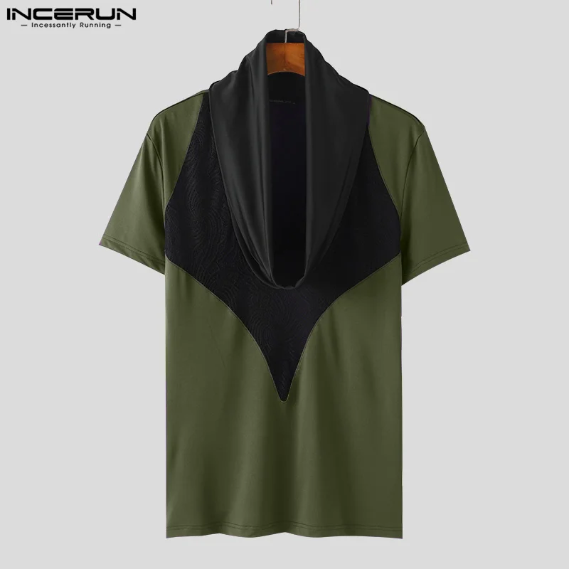 INCERUN Men T Shirt Lace Patchwork V Neck Short Sleeve Casual Camisetas Streetwear Summer 2024 Fashion Transparent Men Clothing