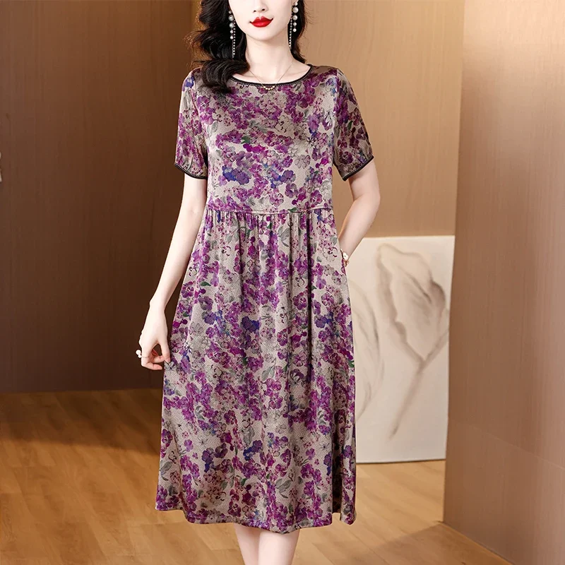 

New 4XL Autumn Winter 2023 Short Sleeves Dress for Women Plus Size Purple Simple Satin Dresses Loose Office Ladies Rayon Dress