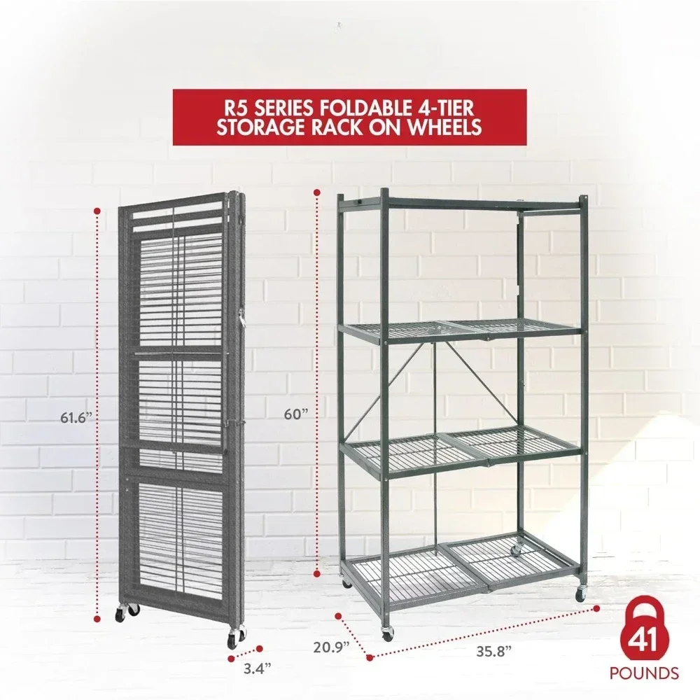 4 Tier Foldable Heavy Duty Metal Garage Storage Shelf Rack with Wheels and Powder Coated Steel for in Home and Office