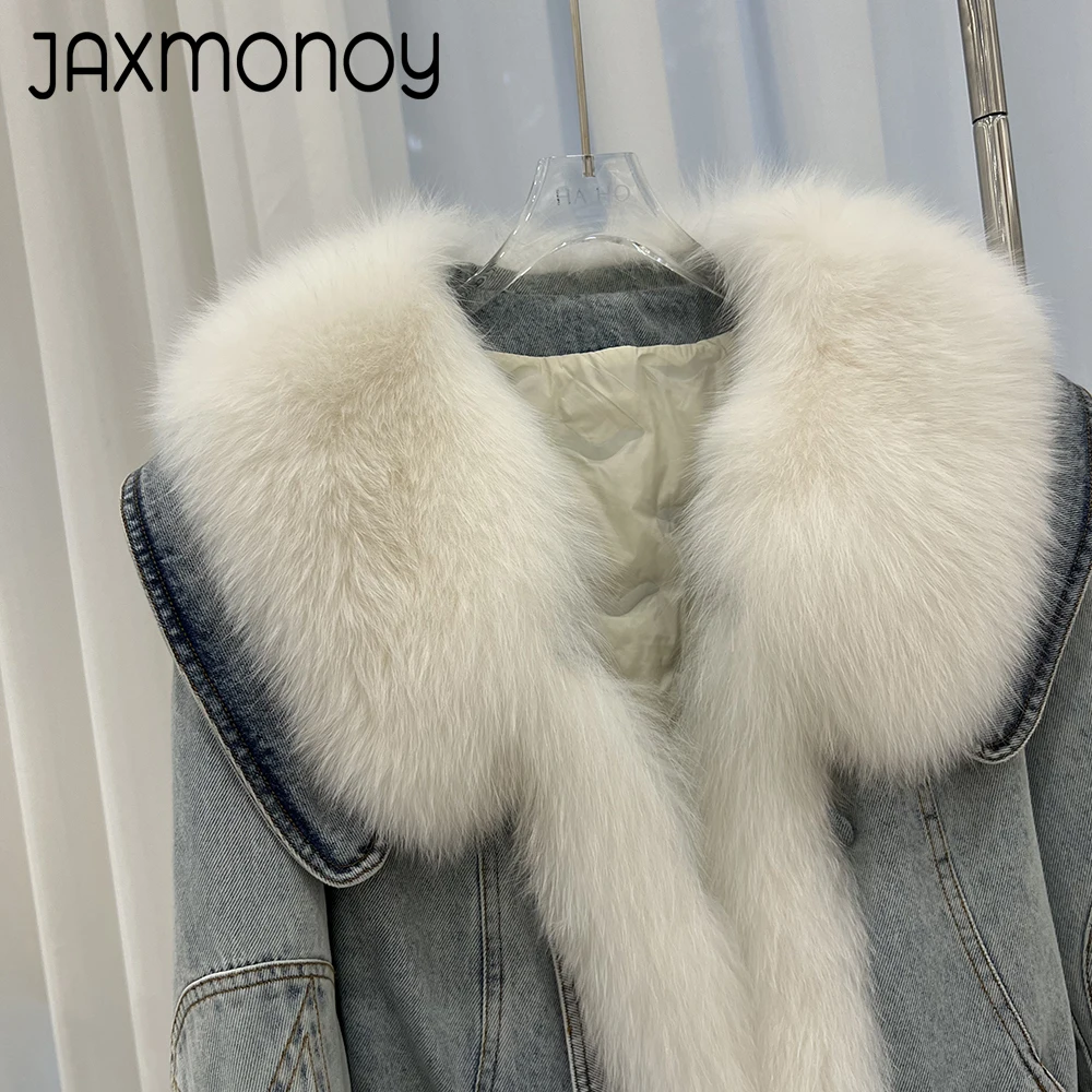 Jaxmonoy Women's Down Jacket Ladies Fashion Denim Jacket with Down Liner Winter Luxury Real Fur Trim Down Coats 2024 New Arrival