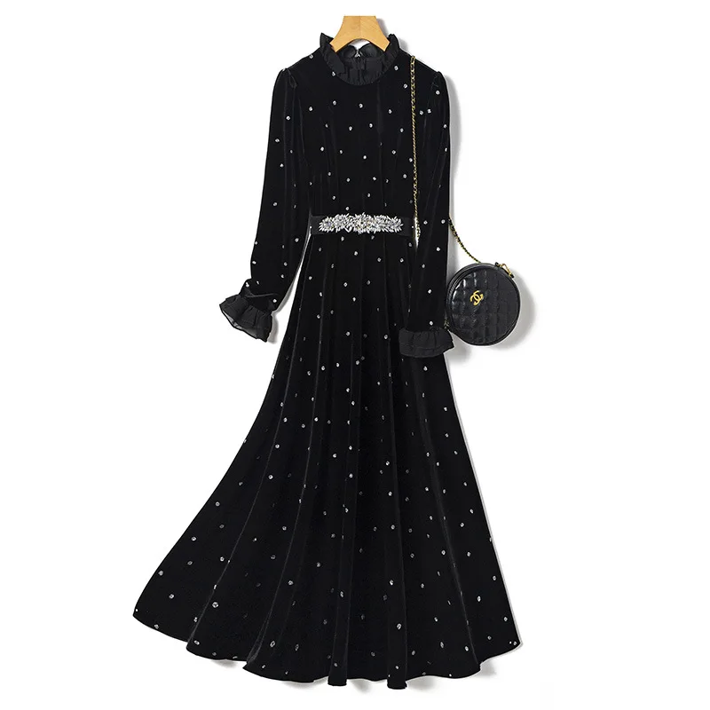 

2024 Chic and Elegant Women's Black Dress Female French Stylish Beading Velvet Dresses for Banquet Ladies Waisted Gala Clothes