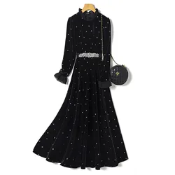 2024 Chic and Elegant Women's Black Dress Female French Stylish Beading Velvet Dresses for Banquet Ladies Waisted Gala Clothes