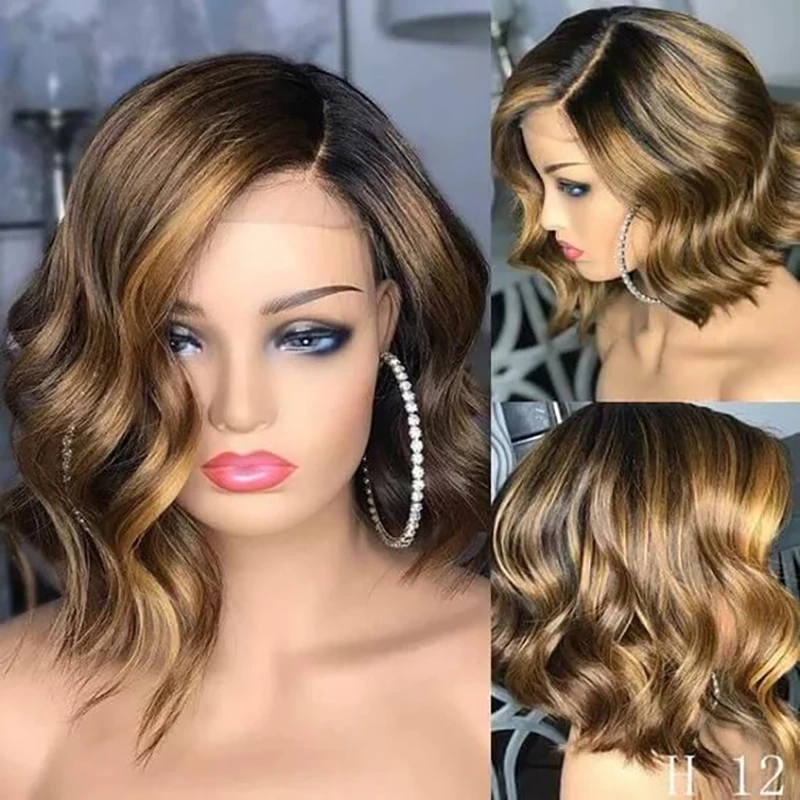 Onda do corpo castanho mel Perucas curtas Bob, Cabelo humano, Ombre, 4 27 Lace Front, 200% Densidade, Destaque colorido, 13x4