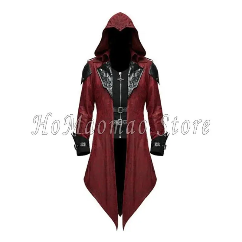 เสื้อโค้ทหนังมีฮู้ดพับได้สำหรับผู้ชายชุดเล่นแบบกอธิควันฮาโลวีนยุคกลาง