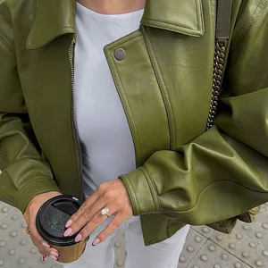 Moda, yeşil, büyük boy fermuarlı deri ceket kadın şık yatak açma yaka uzun kollu rahat ceket bayan, şık, gevşek streetwear İlk 10 satış, avokado, kazak-no. 6