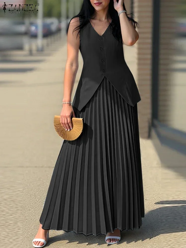 

Women Commuting 2PCS Dress Sets ZANZEA Casual Loose Vest Outfits Holiday Long Pleating Skirts Suits 2025 Summer Matching Suits