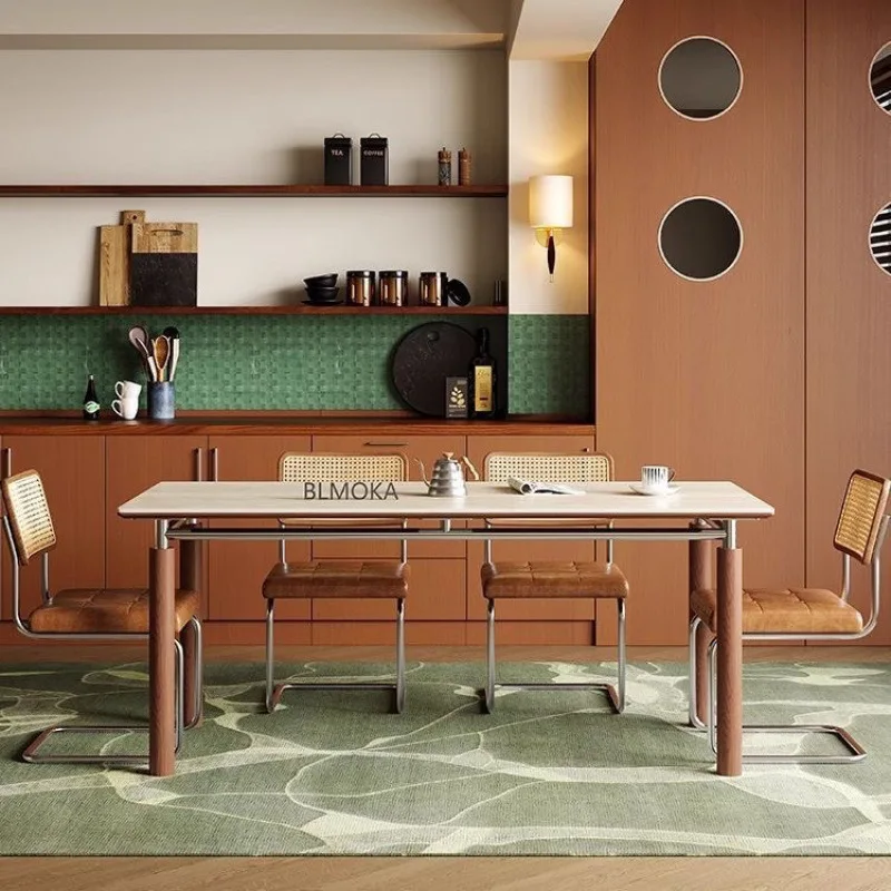 Slate dining table rectangular solid wood small apartment metal household table