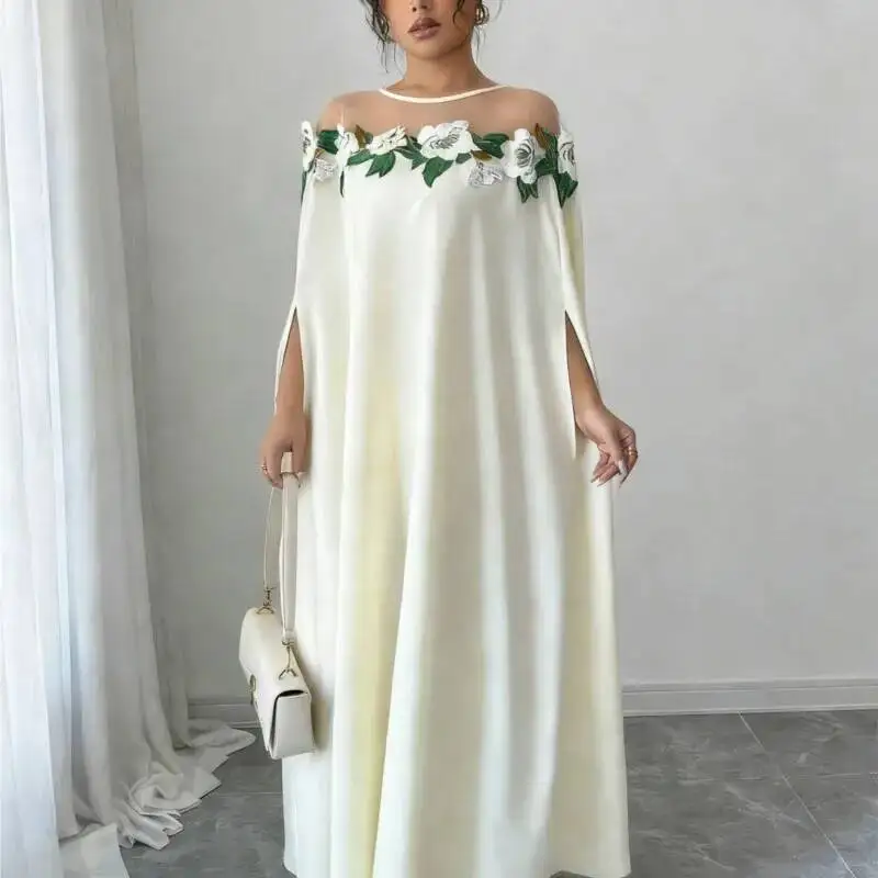 

Women Fashionable Chic Floral Decoration Dresses Elegant Solid Party Dinner Dress Summer Temperament Ball Loose Long Dress