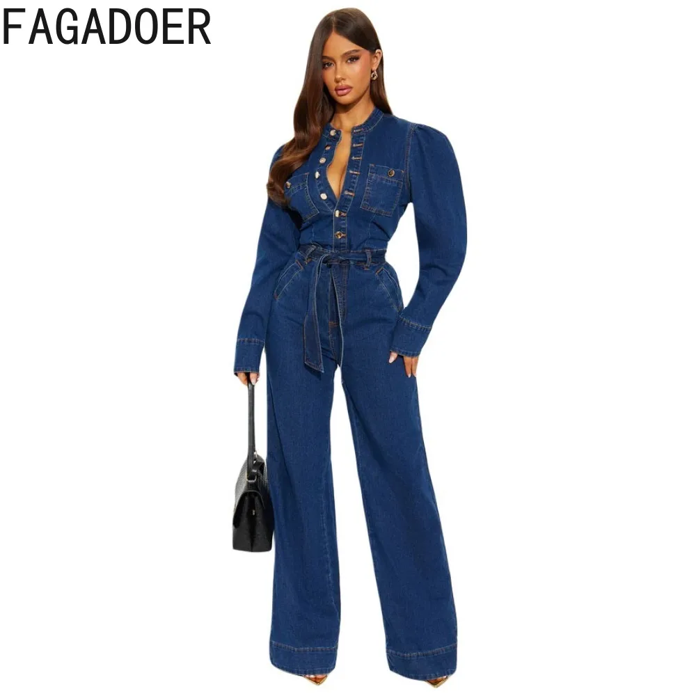 FAGADOER موضة الدنيم المرقعة Bodycon حللا للمرأة بلون طويل الأكمام جيب السروال القصير الإناث الشارع الشهير وزرة #3