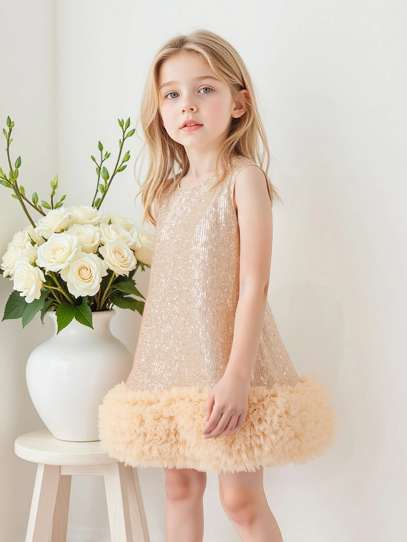 

Young Girl Champagne Sequined Short A-line Skirt Elegant Knee-length Princess Dress, Birthday,Wedding,Flower Girl,Party,Banquet