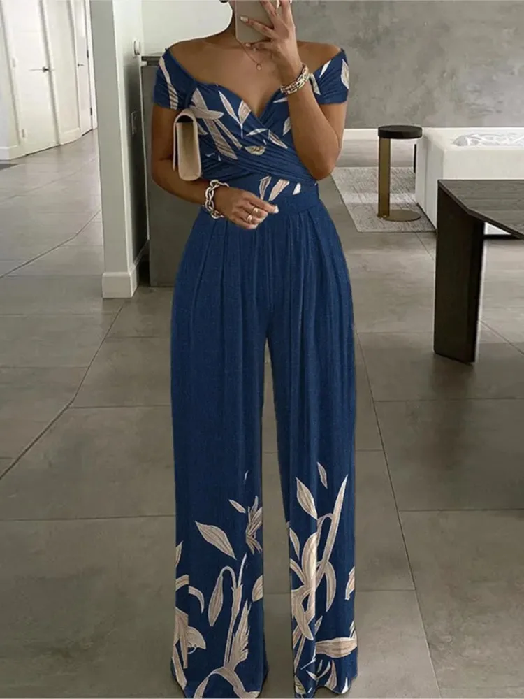 Summer New Printed One Shoulder Jumpsuits Women 2024 High Waist Short Sleeves Wide Leg Long Pants Slim Jumpsuit Ladies Commuting