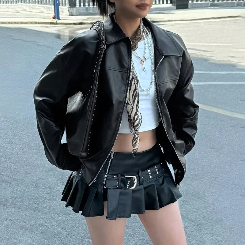 Podzimní a zimní dámské bundy z umělé kůže, model 2025, bomber, dlouhý rukáv, klopa, zip, motocyklové kabáty, dámské oblečení - náhled 3