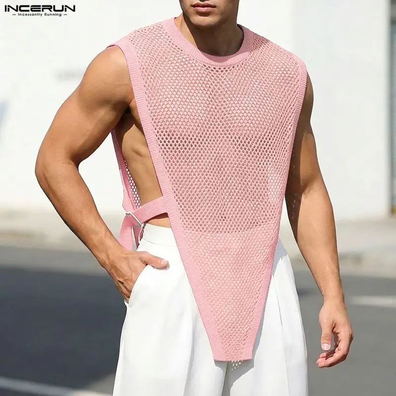 INCERUN Men Tank Tops Mesh Hollow Out Sexy O-neck Sleeveless Male Irregular Tops Streetwear See Through Fashion Men Clothes 2026