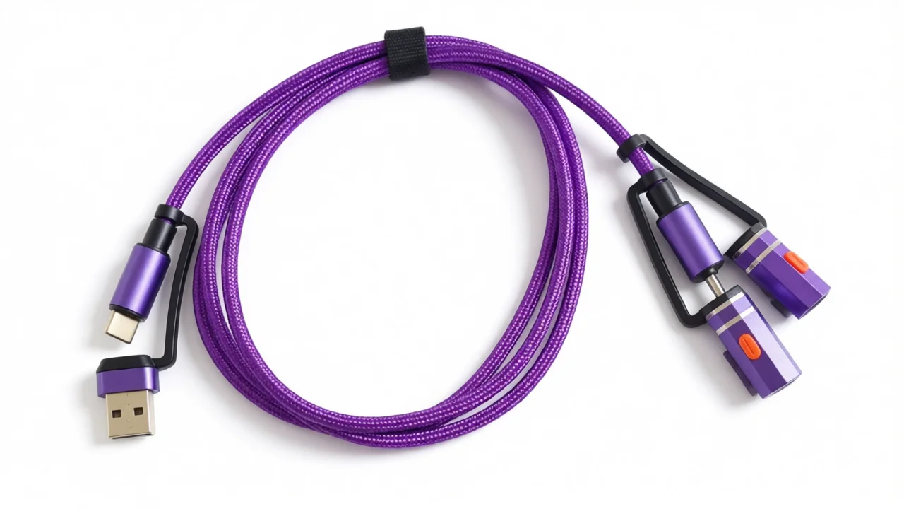 5-in-1 Multi Charging Cable, 100W Fast Charge Nylon Braided Cord with Built-in Flashlight & Igniter, Flip Tethered Connectors US