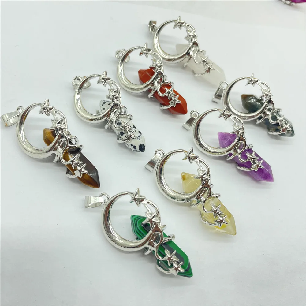 1pc- Natural crystal hexagon star Moon surround alloy pendant