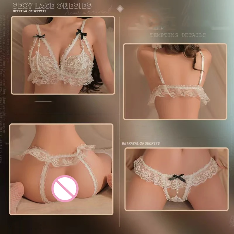 Sexual Woman Sensual Bra Bowknot Lingerie Open Sets Embroidered Bras Crotchless Thongs With Pearls Young Girls Erotic Lenceria