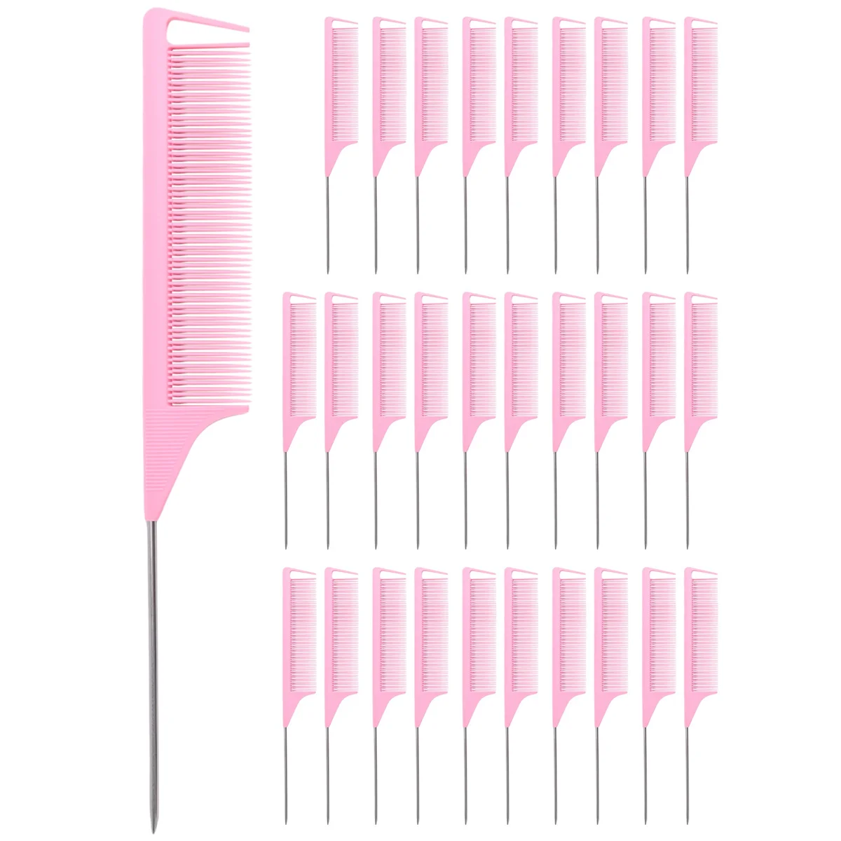 30 Pieces Parting Comb for Hair Rat Tail Comb Steel Pin Rat Tail Carbon Fiber Heat Teasing Combs(Pink)