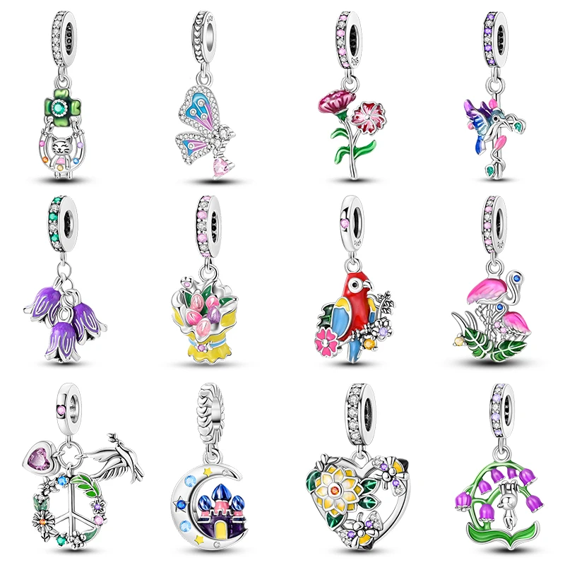 

new in 925 Sterling Silver Spring Colorful Parrot Hummingbird Carnation Charms Pendant Fit Qikaola Original Bracelet DIY Jewelry