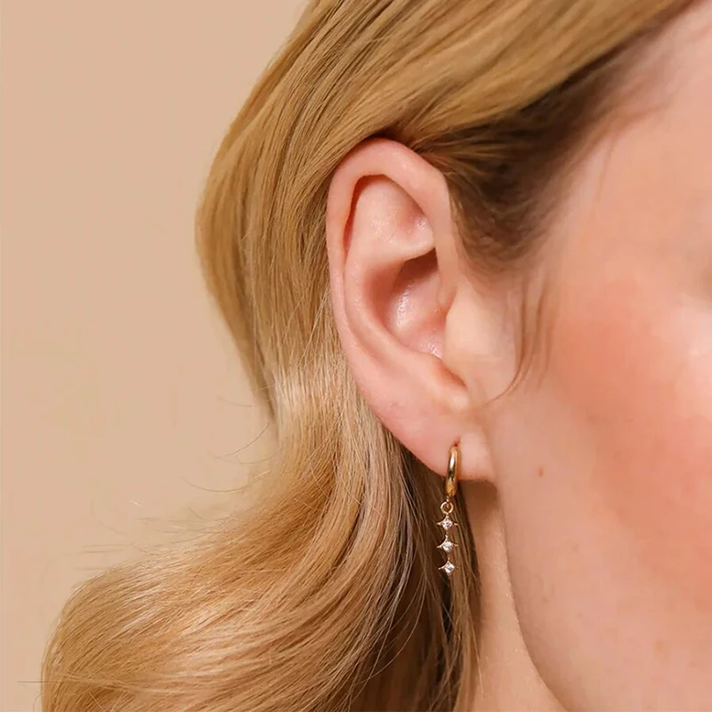 Pendientes largos con colgante de estrella y aguja para oreja de Plata de Ley 925 para mujer, aretes redondos de aro de cristal blanco a la moda, joyería de lujo