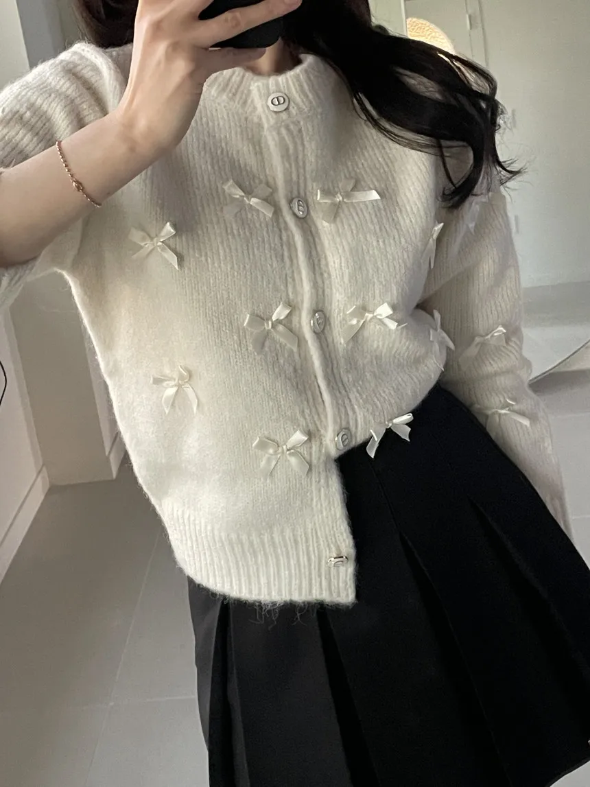 Colorfaith SWC9271JX New 2023 Bow Chic Vintage Korean Fashion Knitting Cardigans Women Autumn Winter Elegant Lady Sweaters Tops