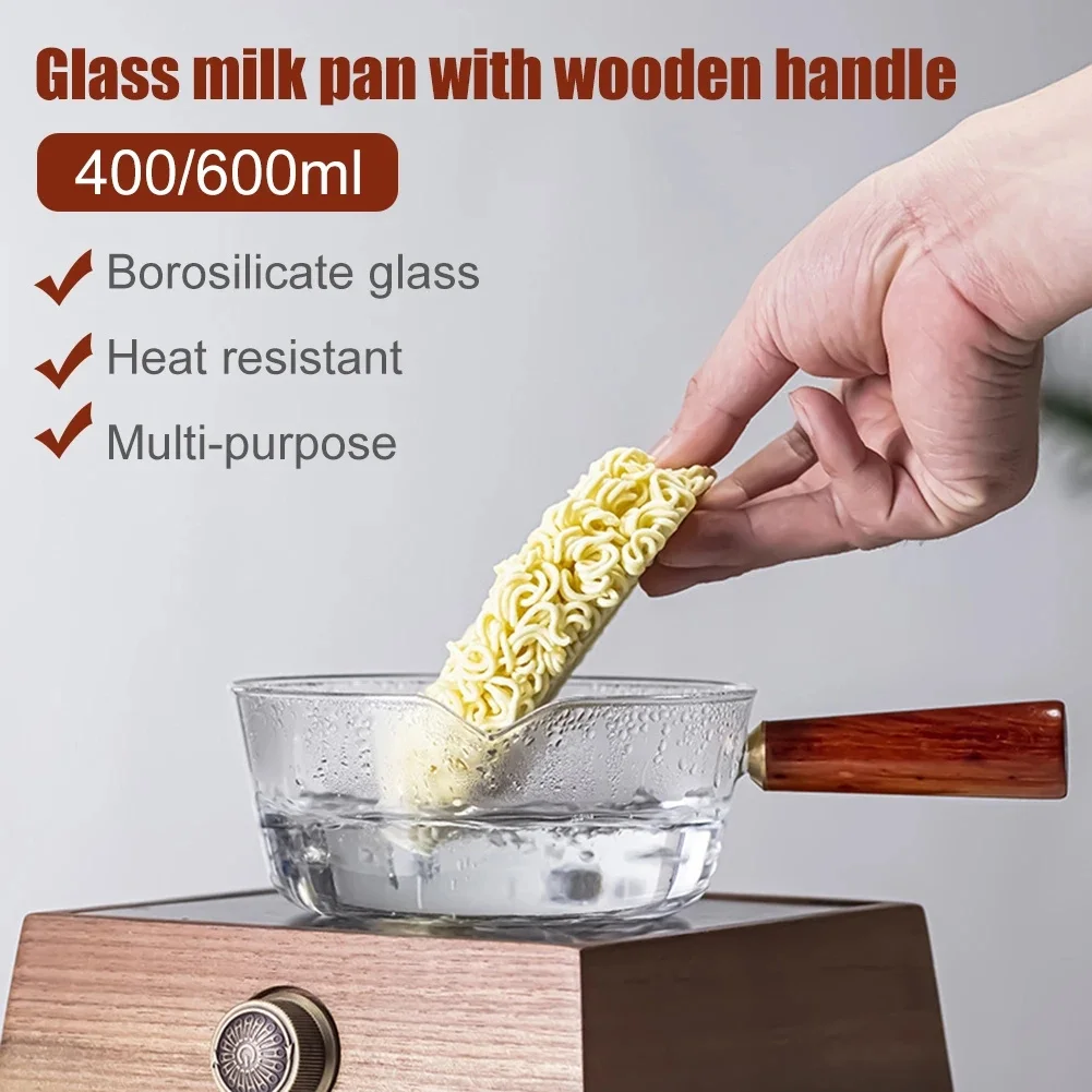 400/600ML Glass Milk Pot with Wooden Handle High Temperature Resistant Household Noodle Pot Saucepan for Stove Ceramic Kitchen