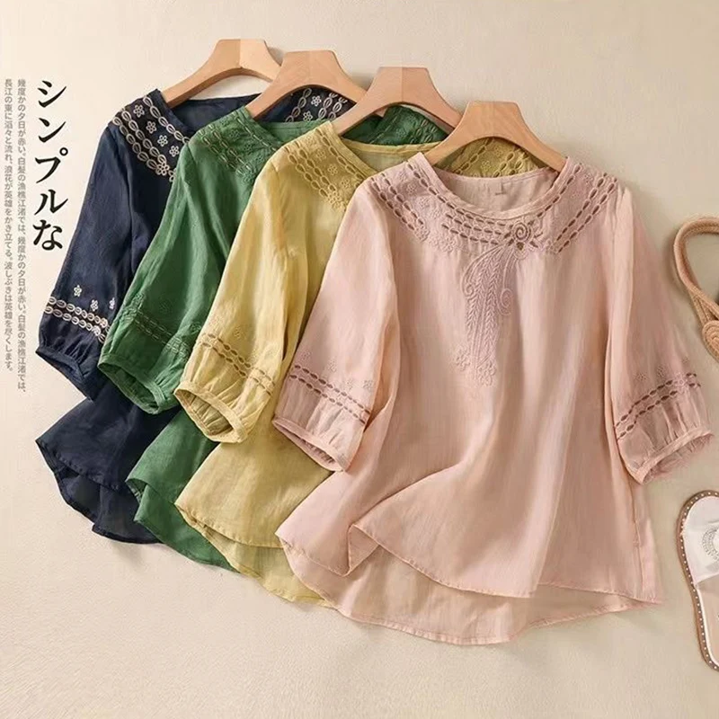 2024 Summer Literary Vintage Embroidery Hollow Out Shirt Ladies Loose Casual Fashion Pullover Top Women Solid Color Blouse Femm