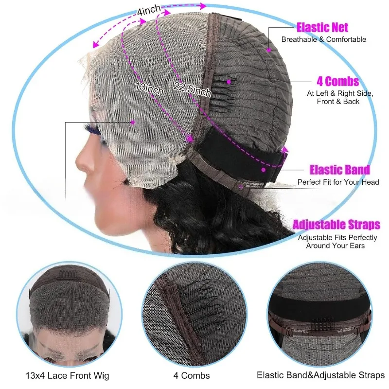 Wysokiej jakości peruka typu BOB DEEP z koronką z przodu, o dużej gęstości, peruki z koronką 4 * 4, europejska i amerykańska peruka, naturalne brazylijskie włosy dziewicze Remy