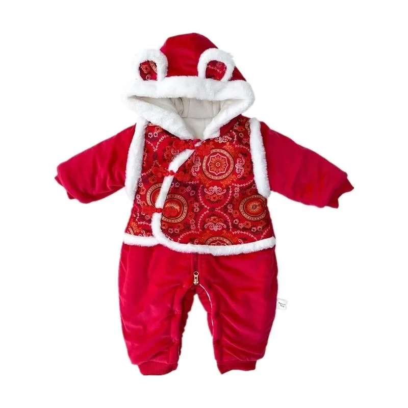 Baby New Year Dress New Year Dress Red Cute Baby Winter Clothes Plus Fleece Thickened Newborn Hooded Body Suit Baby Fun Dress