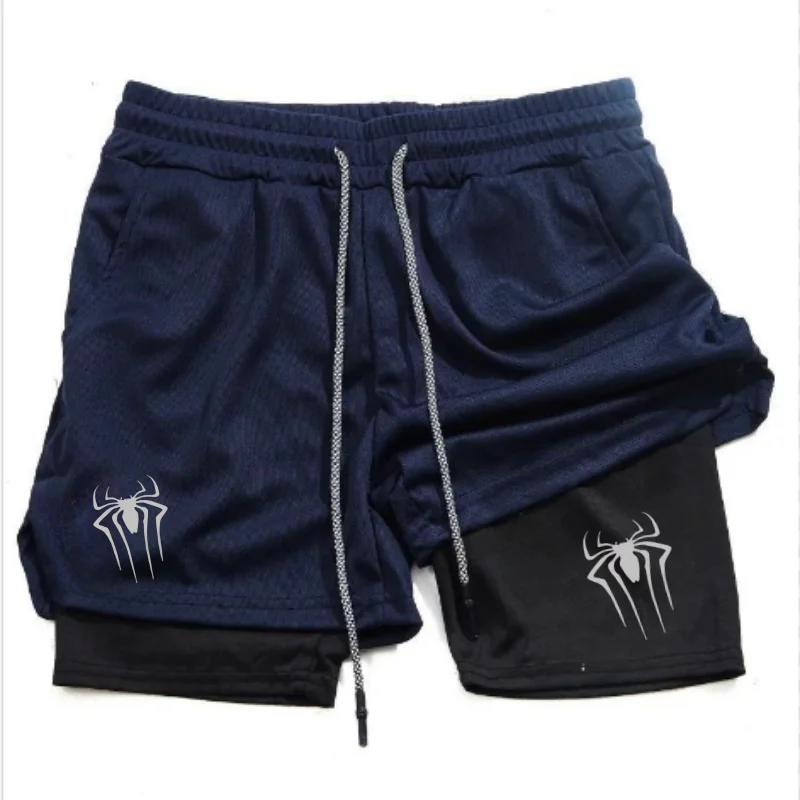 

2024 New Spider Logo Men's Two-in-One Sports Shorts Running Quick-Drying Shorts Gym Fitness Training Double Layer