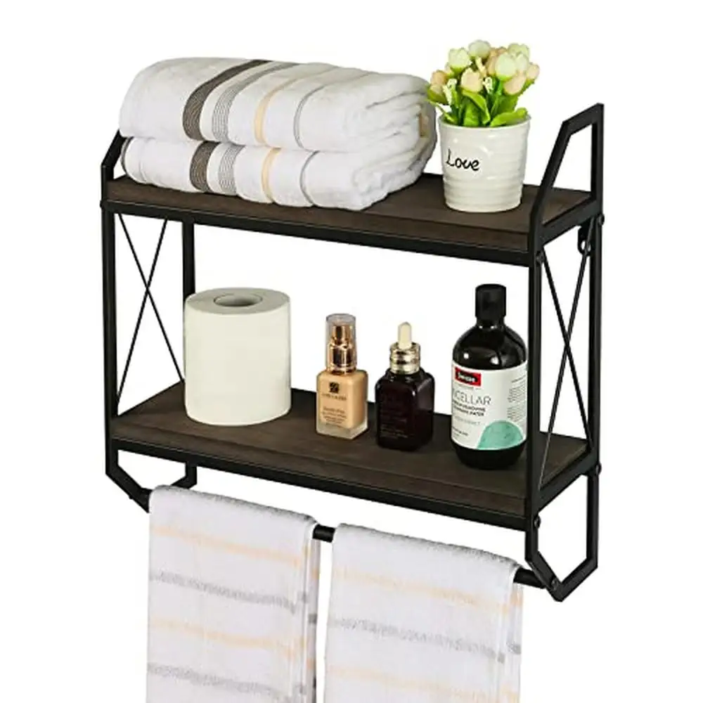 

Industrial 2-Tier Bathroom Shelves Towel Bar Floating Storage Organizer Rustic Wall Mount Shelves 17" Brown Black Simple Install