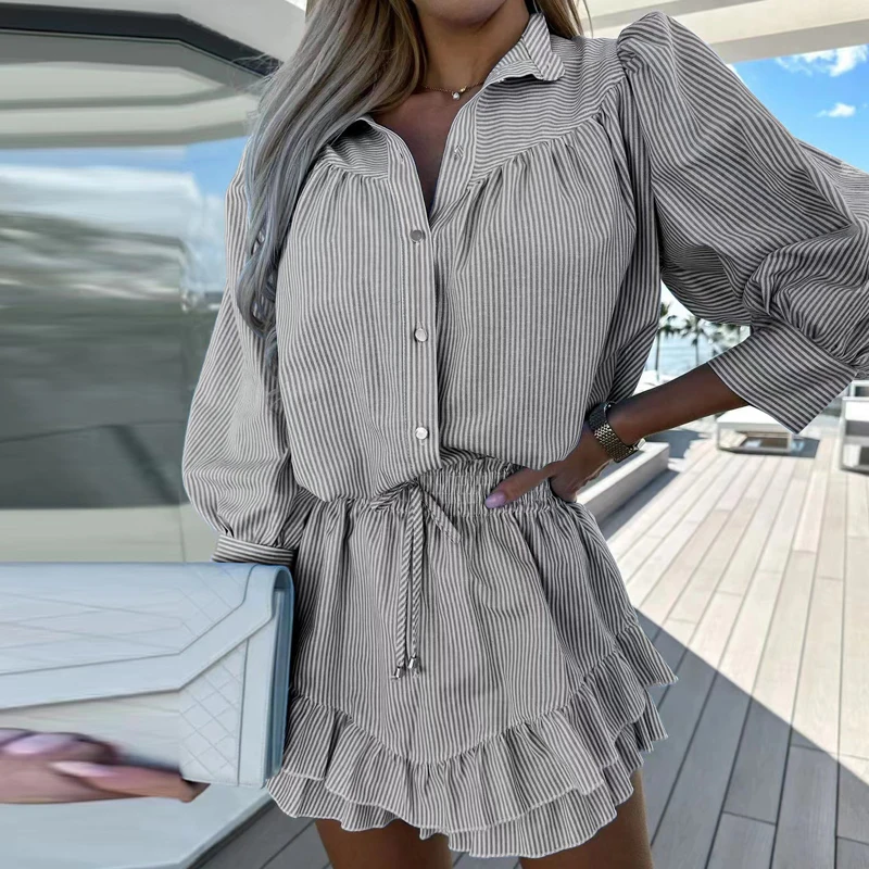 Office Lady Striped Print Two-piece Set Women 2023 Spring Single Breasted Blouse & Ruffle A-Line Skirts Suit Casual Chic Outfits