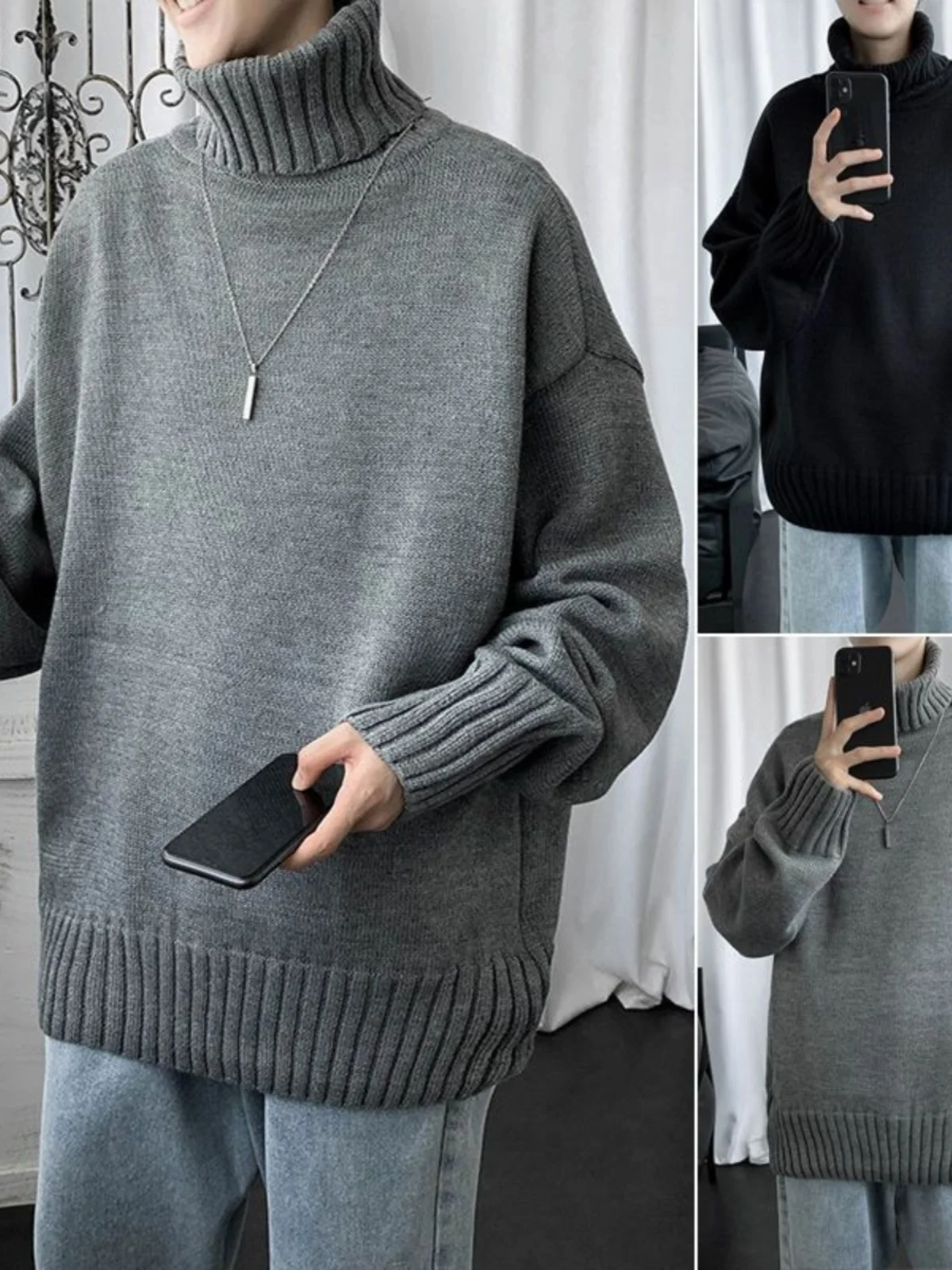 

Loose Men's Knitted Sweater High Ne Autumn Winter Pure Color Student Faion Korean Sle Yarn Men's Trendy Top Large Size