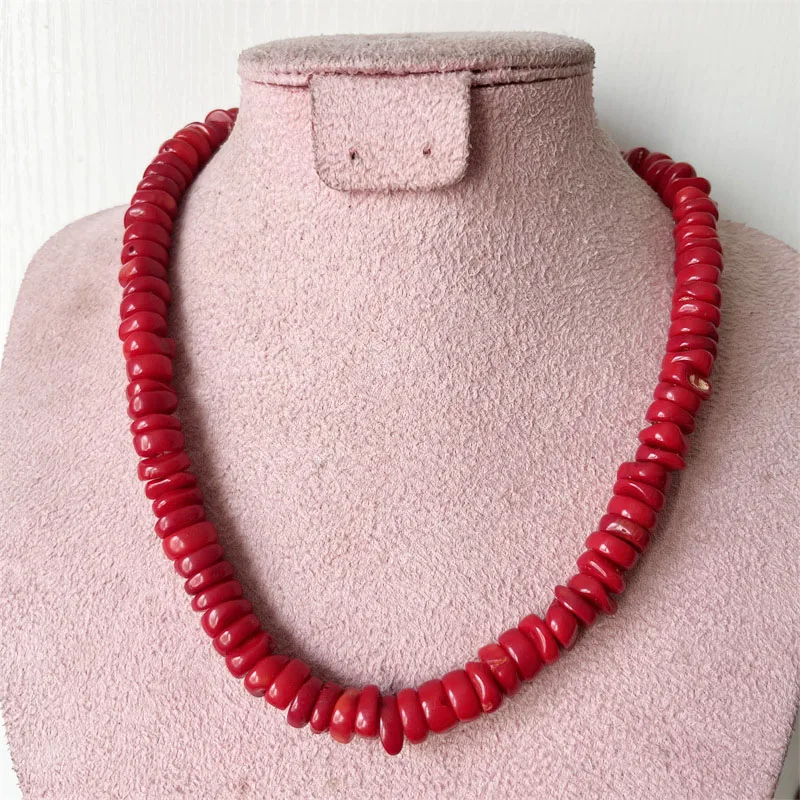 10to11MM Natual Red Coral Necklace Irregular Sea Bamboo Tube Drum Beads Big Heishi Choker for Women Jewelry Gift