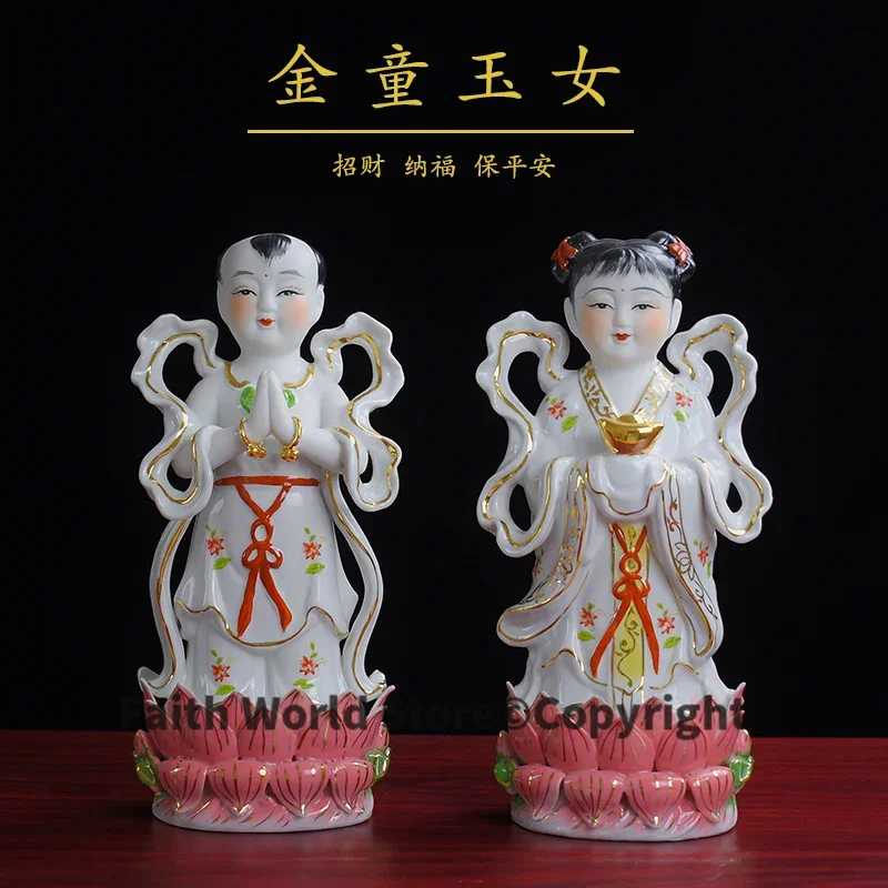 Wholesale Buddha figure A pair -TOP HOME family Talisman Buddhism GUANYIN TONGZI maidens The Golden Couple color Ceramic statue