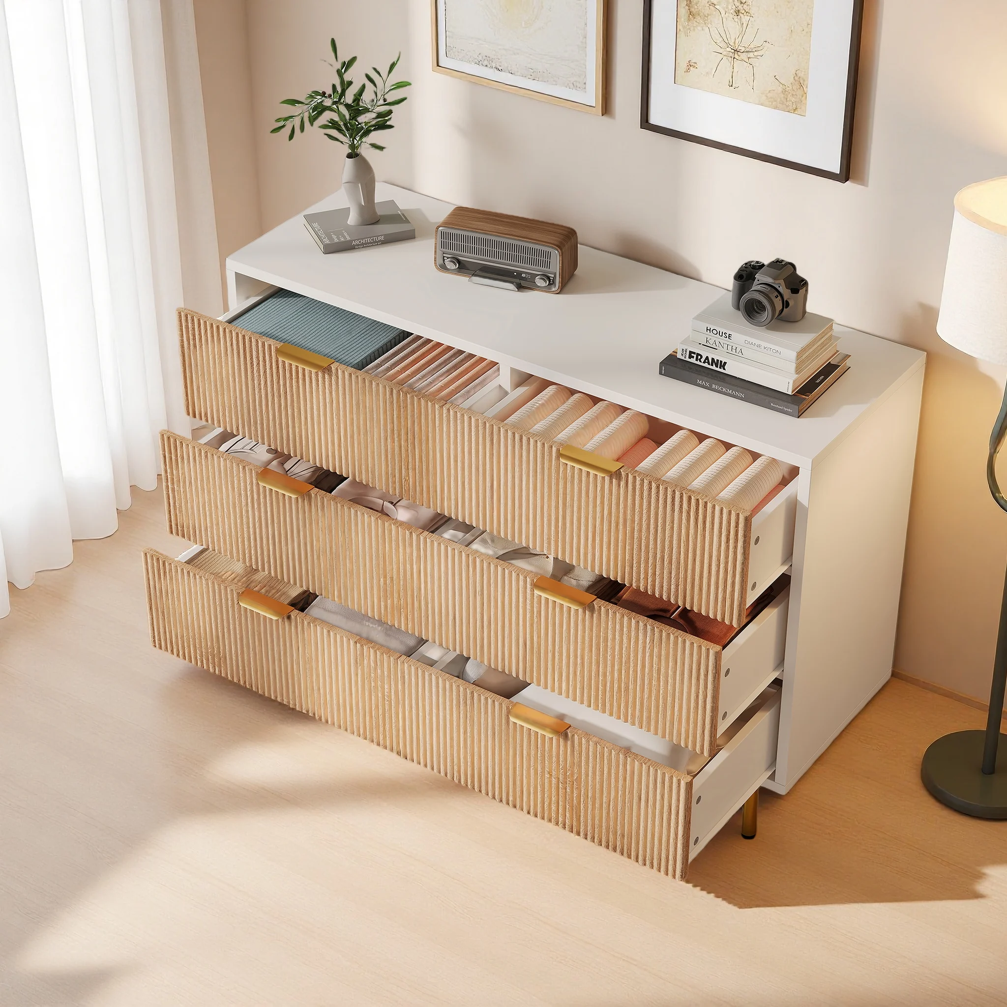 Comanlai Moderne Holz-Nachttische Schlafzimmermöbel im Landhausstil Kommode mit Schubladen Mehrzweck-Aufbewahrungsschrank