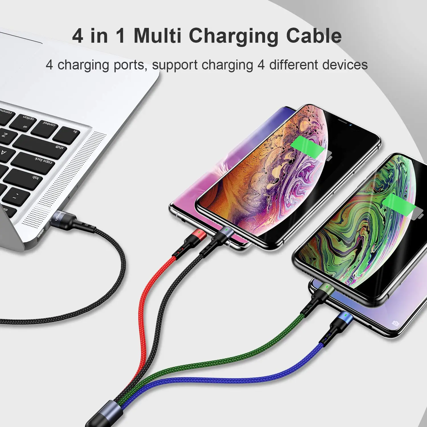 Multi Charging Cable 4FT 4in1 Nylon Multiple USB Fast ChargingCord AdapterTypeC Micro USB ConnectCompatible Cell Phones Tablets