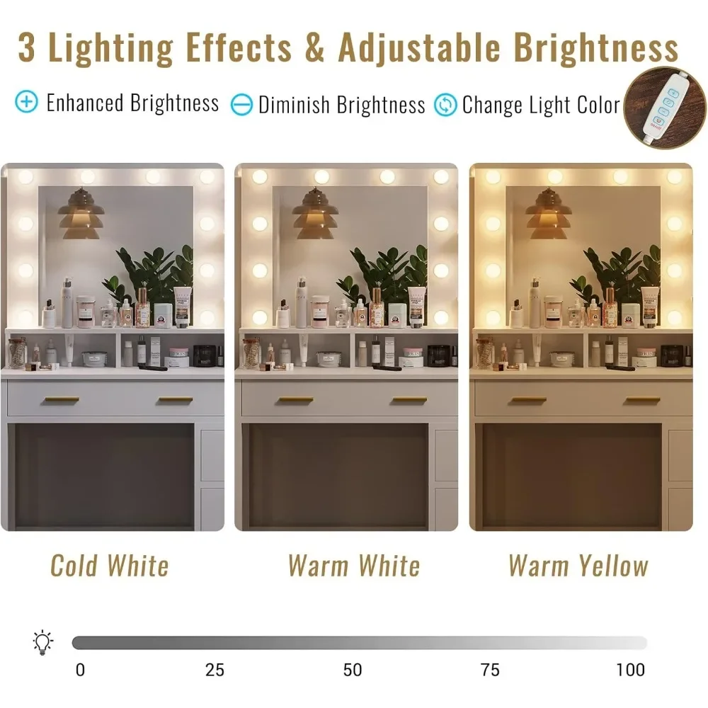 طاولة مكياج مع 10 مصابيح ، مكتب زينة حديث مع مرآة ، 3 أوضاع إضاءة ، طاولة زينة مع منافذ ومنافذ USB