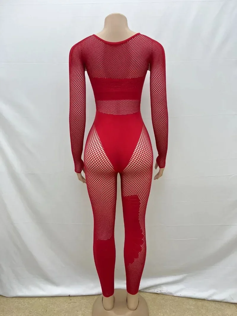 2025 dia dos namorados vermelho jacquard retalhos macacão feminino tendência oco para fora strass manga longa sexy hottie festa clube macacão