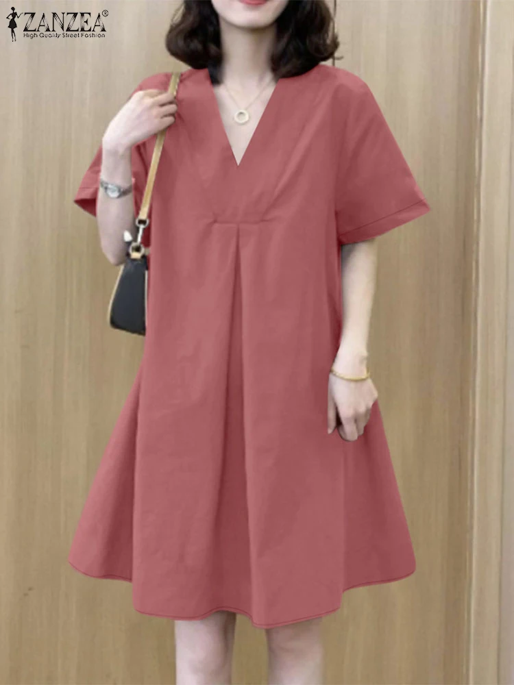 ZANZEA Frauen Sommer Mini Kleider Mode V-ausschnitt Kurzarm Solide Sommerkleid Casual Plissee Vestido Elegante Arbeit Kleider Oversize