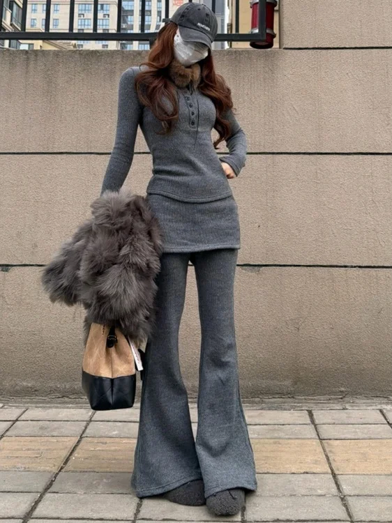 Deep ey High Waist Slimming Flared Pants Women's Early Autumn 2025 New Sle Spor False Two-Piece Casual Trousers