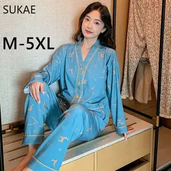 SUKAE M-5XL Cute Cats Kimono Autumn Winter Woman Pajamas Set Sleepwear Lady Home Clothes Faux Cotton Nightwear Casual Pijamas