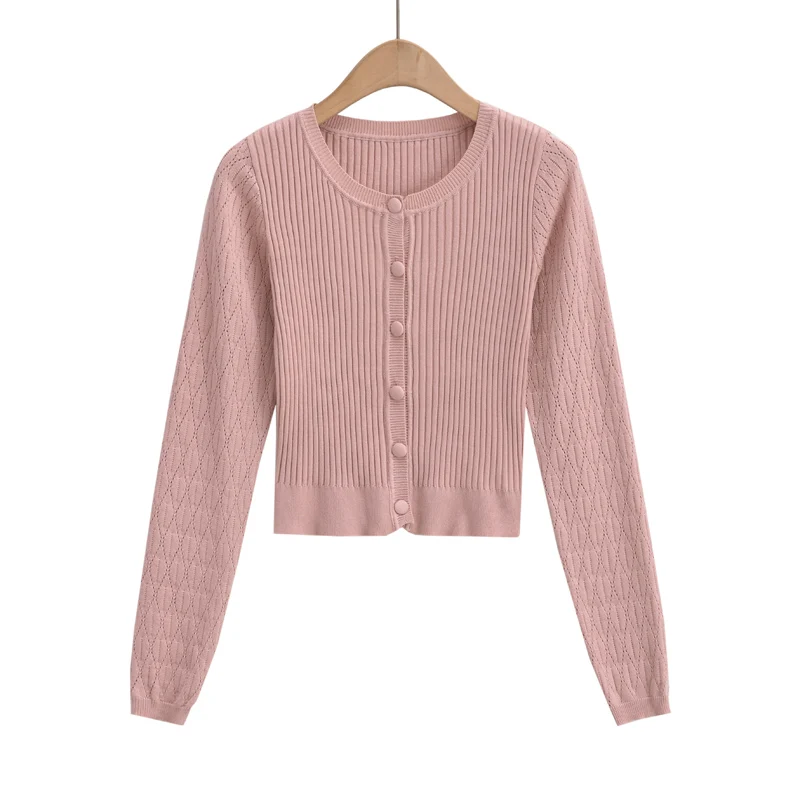 Korean fashion crop cardigan woman sexy cropped sweaters for women 2024 Fall fashion pink cardigans long sleeve top green