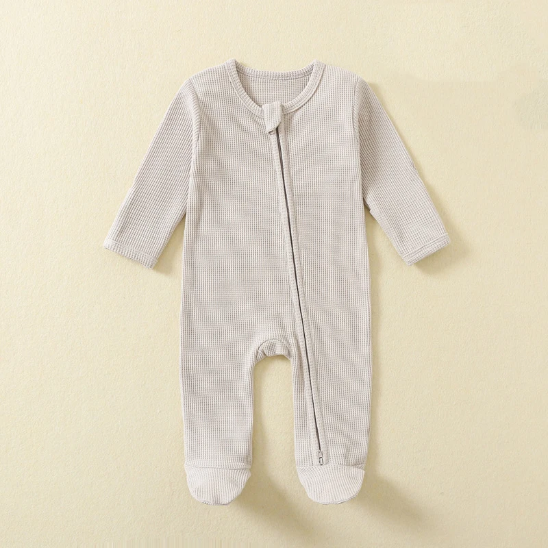 Organic Cotton Baby Rompers Waffle 100% Cotton Infant Boys Girls Jumpsuit Zipper Footed Solid Long-Sleeve Pajamas Sleepsuits