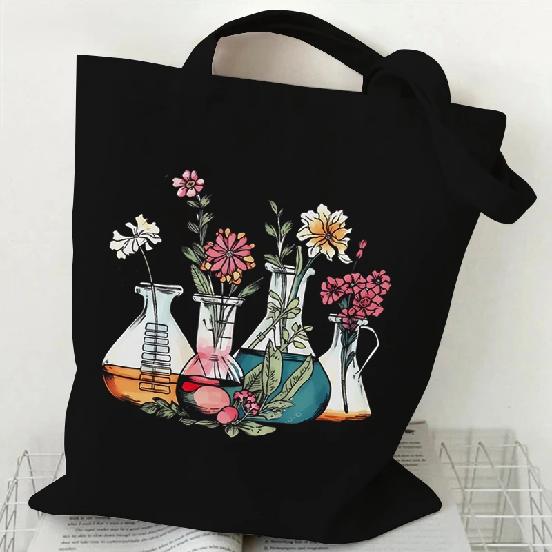 Vintage Microscope Flower Design Graphic Canvas Tote Shoulder Shopper Bags Storage Travel Bag Handbag & Shopping Gift Bag