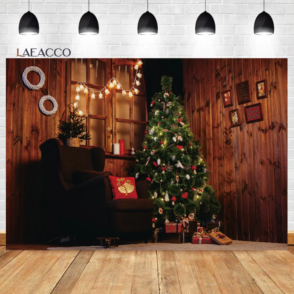 

Laeacco Christmas Backdrop for Photography Warm Wooden House Interior Xmas Tree Gift Kids Birthday New Year Portrait Background