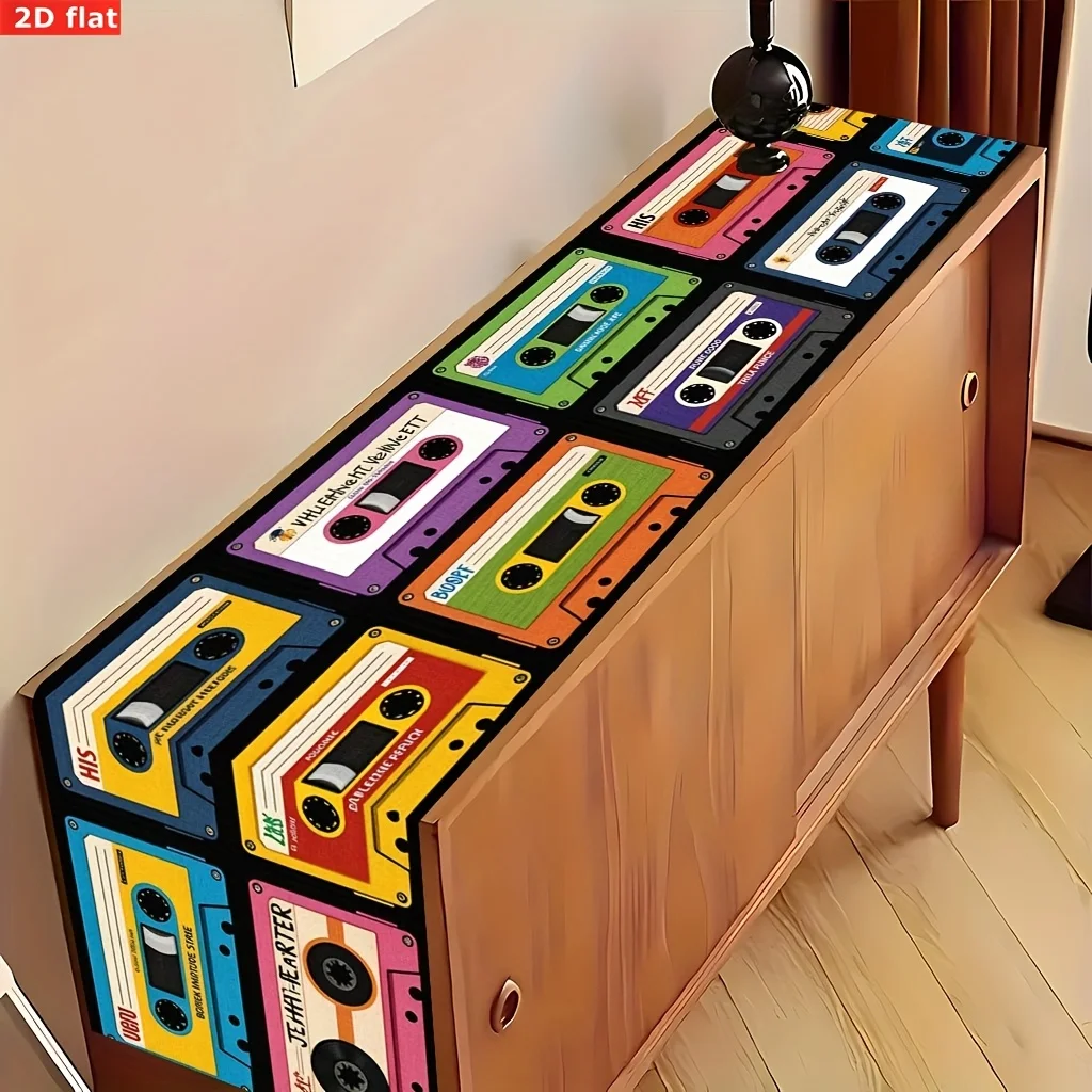 Vibrant Retro Cassettes Print Table Runner - Colorful Vintage Music Motif Decoration for Anniversary Wedding New Year Party