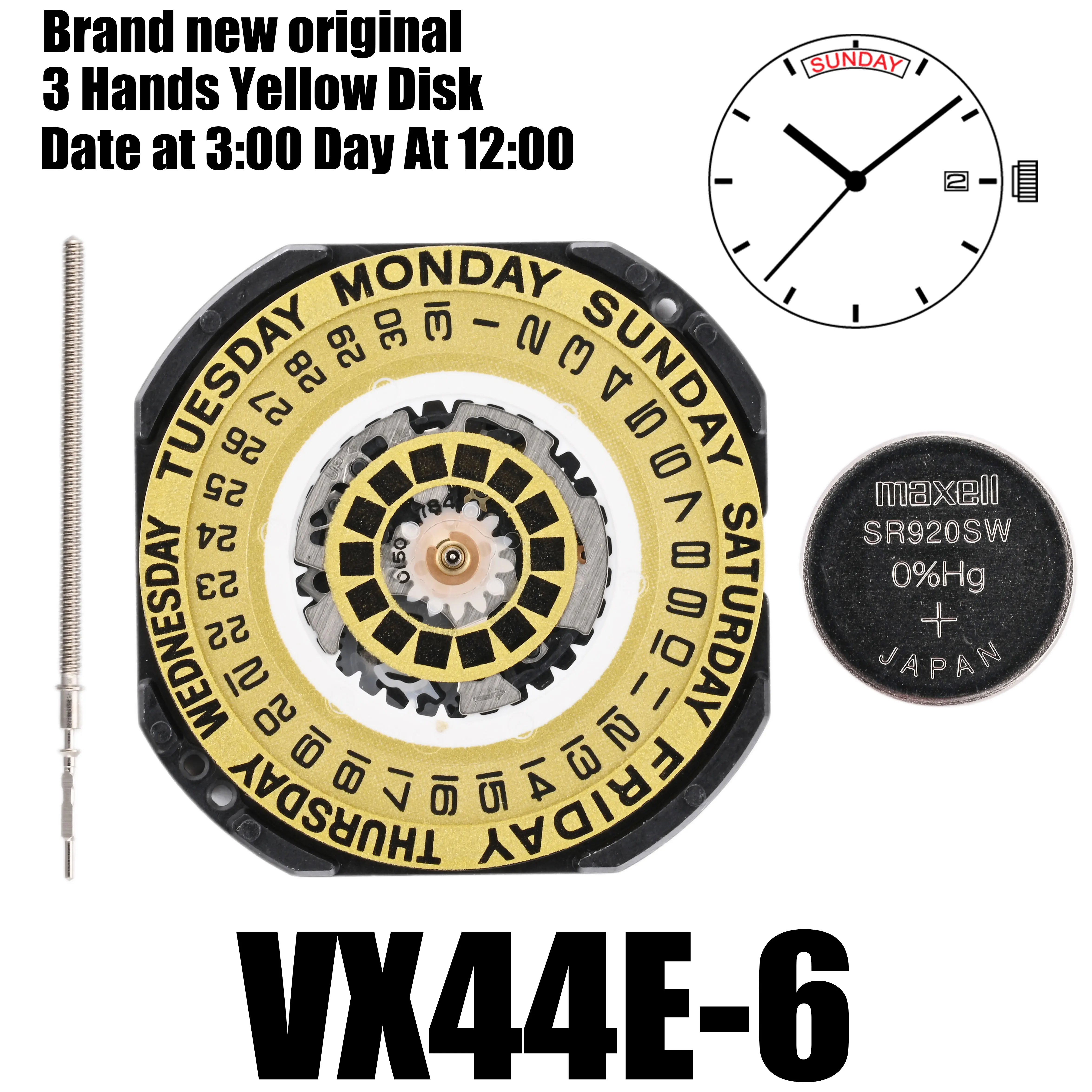 VX44 Movement Epson VX44E Movement Japan Genuine VX Calendar Series Size:11 1/2''' 3 Hands/ Circular Day / Date display at 3:00