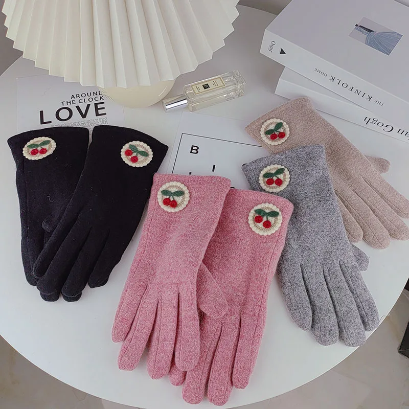 Korean Cute Cherry Embroidery Wool Full Finger Plus Velvet Thick Touch Screen Cashmere Gloves Winter Outdoor Driving Warm Mitten