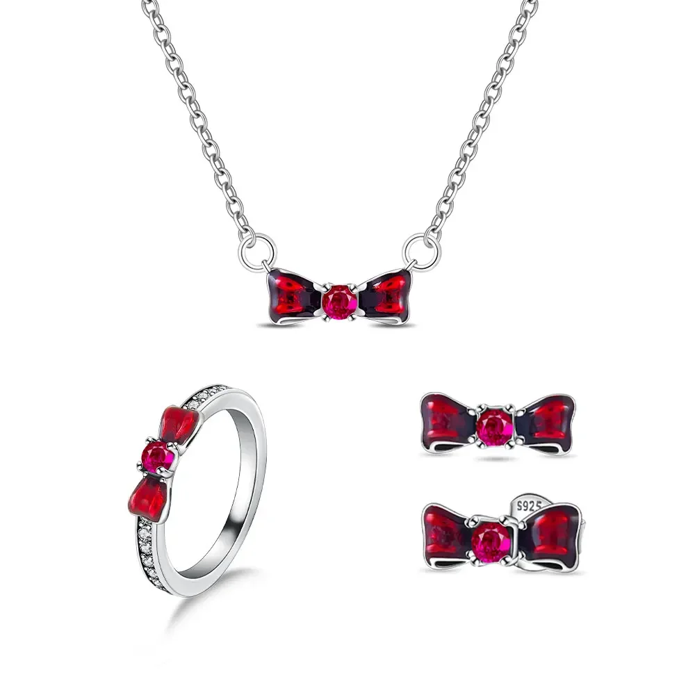 เครื่องประดับผสม Original 925 เงินสเตอร์ลิงหลงใหลสีแดงน่ารักโบว์ต่างหูสร้อยคอแหวนสําหรับสตรีของขวัญวันแม่